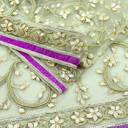 Indian Vintage Heavy Bridal Dupatta Ivory Net Mesh Long Stole Hand Embroidered Scarves Golden Gota Patti Wedding/Party Wear