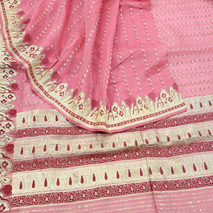 Indian Vintage Pink Heavy Sari Wedding  Pure Organza Silk Hand Woven Banarasi Sarees Zari 5Yd Ethnic Dress Making Crafting