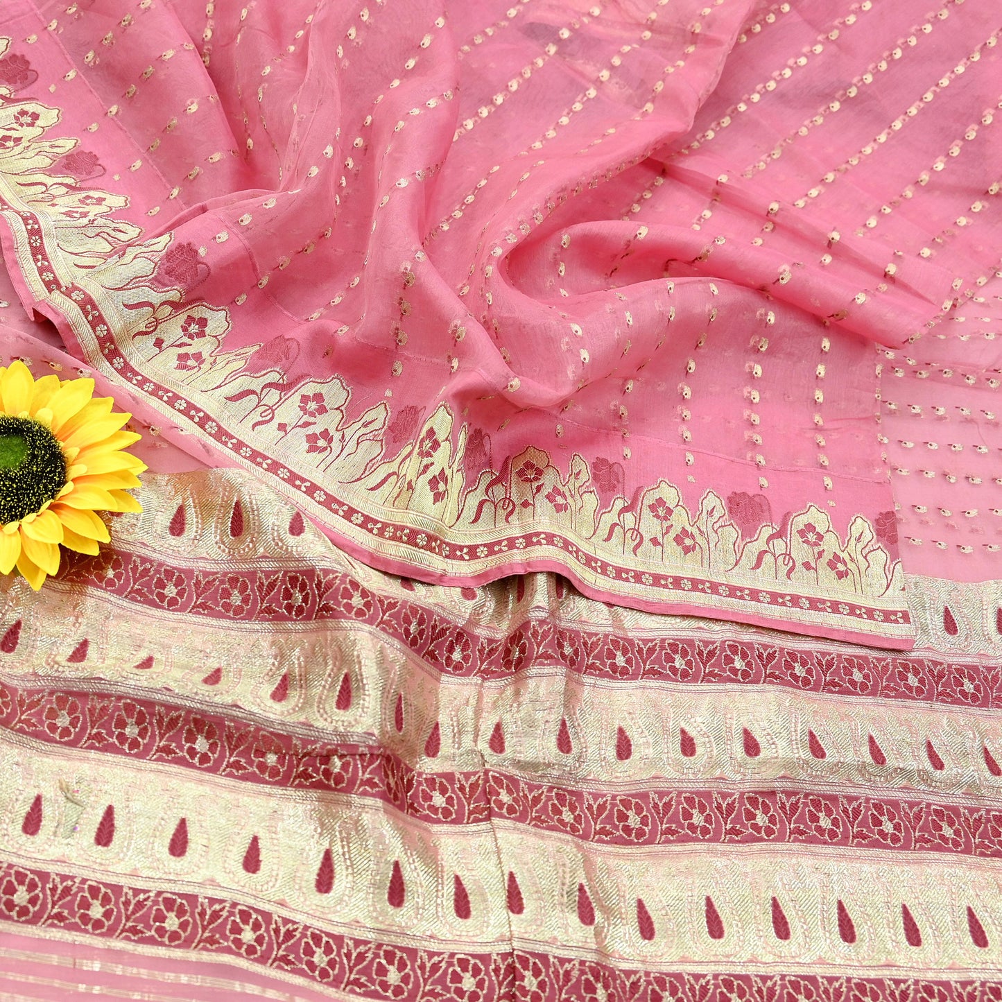 Indian Vintage Pink Heavy Sari Wedding  Pure Organza Silk Hand Woven Banarasi Sarees Zari 5Yd Ethnic Dress Making Crafting