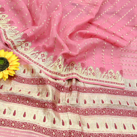 Indian Vintage Pink Heavy Sari Wedding  Pure Organza Silk Hand Woven Banarasi Sarees Zari 5Yd Ethnic Dress Making Crafting