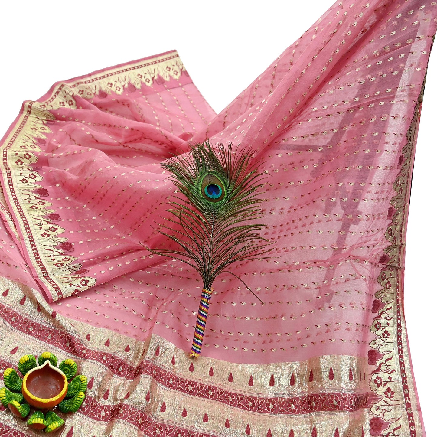 Indian Vintage Pink Heavy Sari Wedding  Pure Organza Silk Hand Woven Banarasi Sarees Zari 5Yd Ethnic Dress Making Crafting