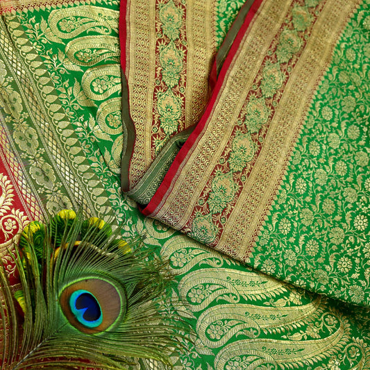 Indian Vintage Sari Heavy Wedding Pure Satin Silk Woven Banarasi Brocade Saree Zari 5Yd Dress Making Craft Fabric Upcycle Crafting