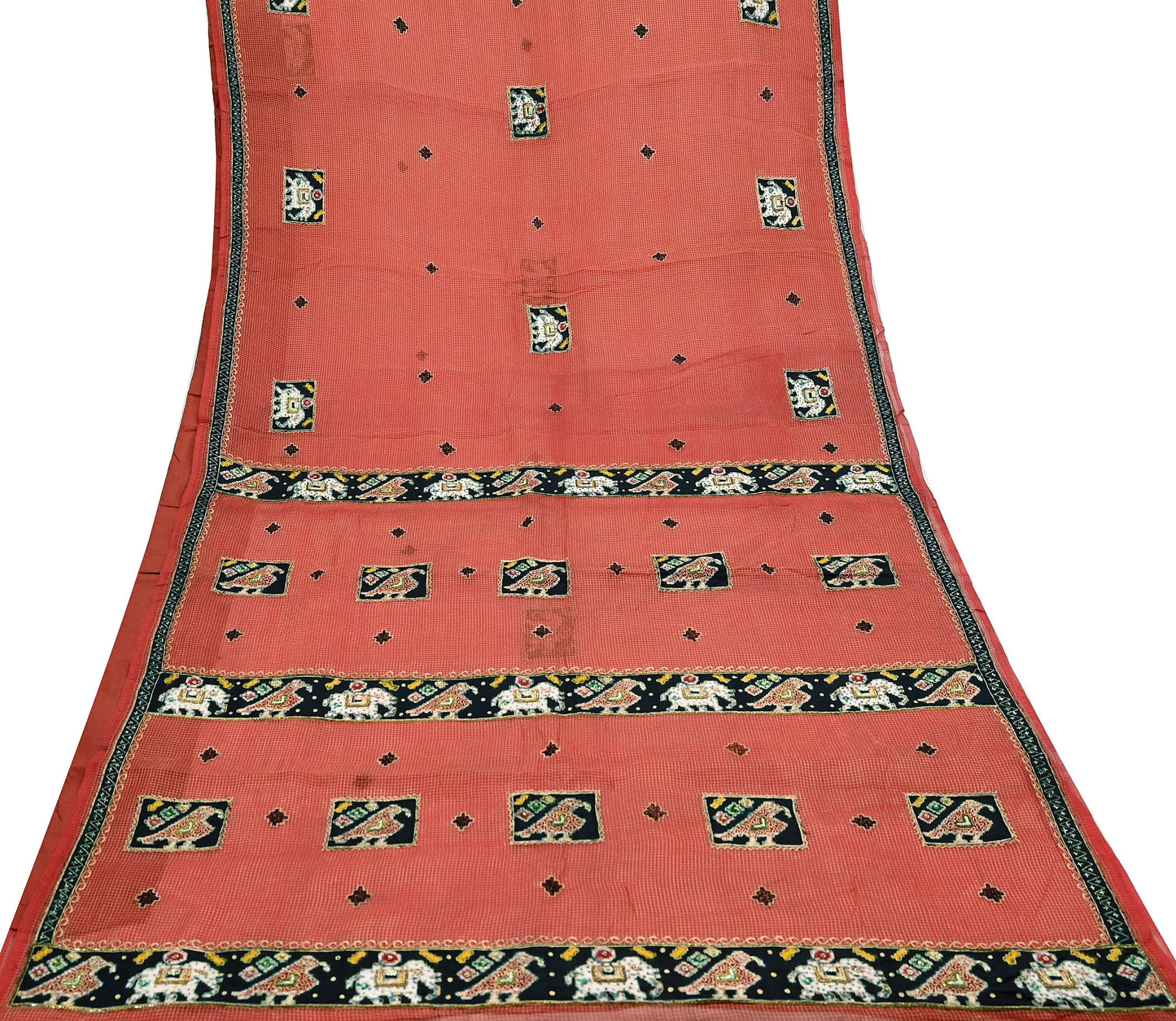 Indian Vintage Sari Red Hand Embroidered Patola Saree Pure Organza Silk Craft Fabric 5Yd Ethnic Dress Making Crafting Quilting Zardozi