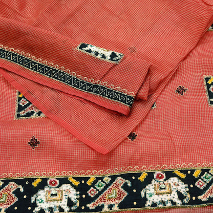 Indian Vintage Sari Red Hand Embroidered Patola Saree Pure Organza Silk Craft Fabric 5Yd Ethnic Dress Making Crafting Quilting Zardozi