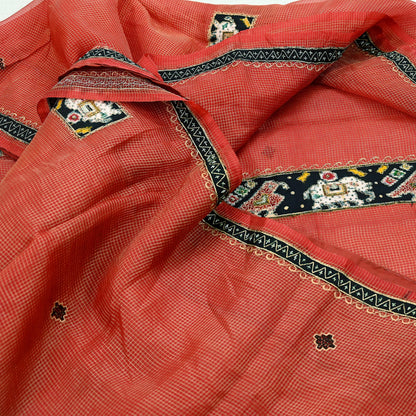 Indian Vintage Sari Red Hand Embroidered Patola Saree Pure Organza Silk Craft Fabric 5Yd Ethnic Dress Making Crafting Quilting Zardozi