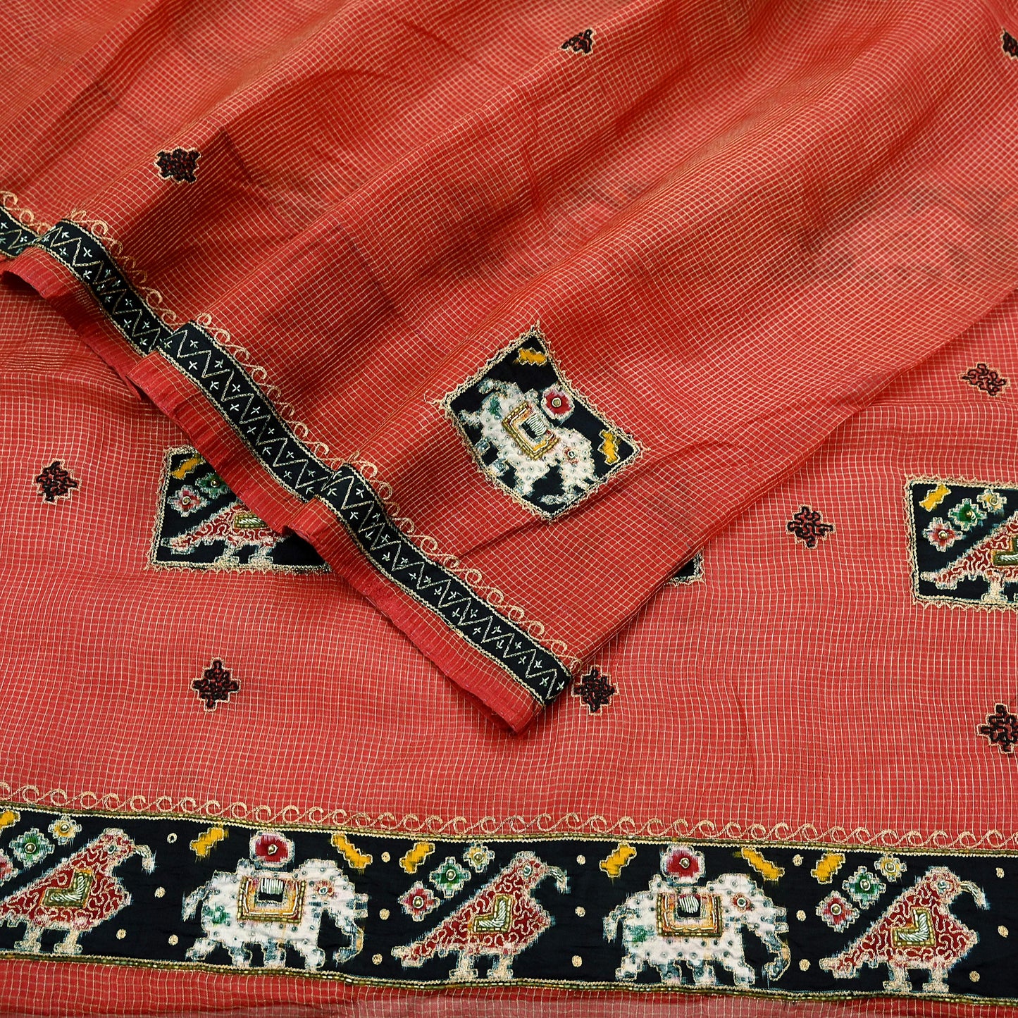 Indian Vintage Sari Red Hand Embroidered Patola Saree Pure Organza Silk Craft Fabric 5Yd Ethnic Dress Making Crafting Quilting Zardozi