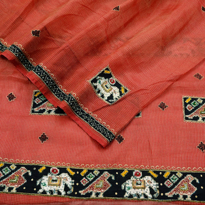 Indian Vintage Sari Red Hand Embroidered Patola Saree Pure Organza Silk Craft Fabric 5Yd Ethnic Dress Making Crafting Quilting Zardozi