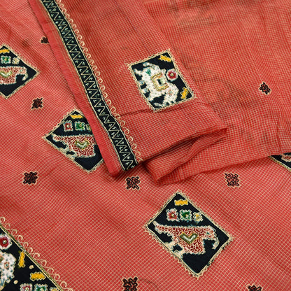 Indian Vintage Sari Red Hand Embroidered Patola Saree Pure Organza Silk Craft Fabric 5Yd Ethnic Dress Making Crafting Quilting Zardozi