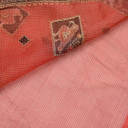 Indian Vintage Sari Red Hand Embroidered Patola Saree Pure Organza Silk Craft Fabric 5Yd Ethnic Dress Making Crafting Quilting Zardozi
