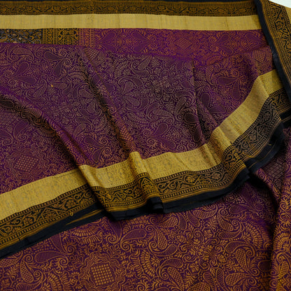 Indian Vintage Heavy Black & Purple Saree Pure Silk Hand Woven Sari Craft Fabric 5Yd Sewing Soft Ethnic Dress Making Wedding Sari Zari