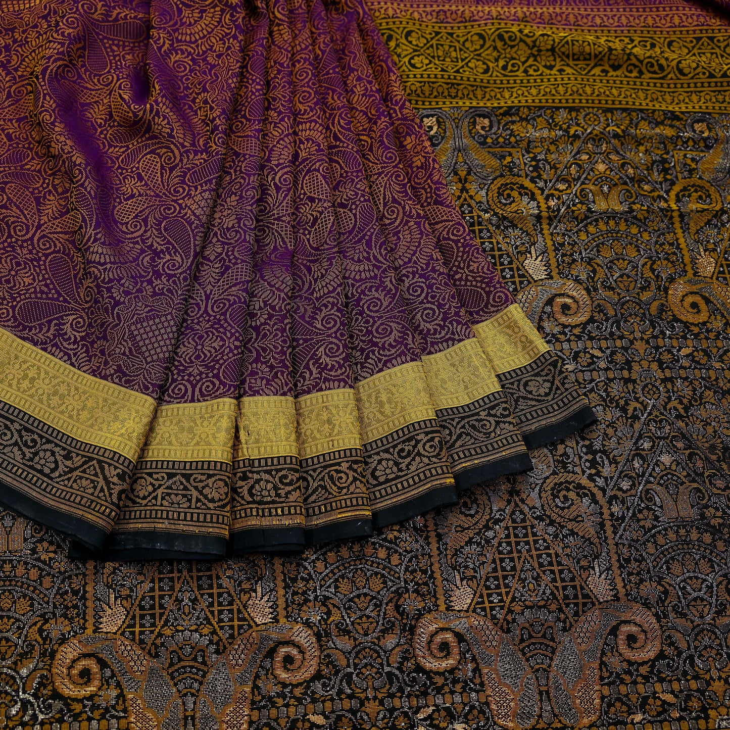 Indian Vintage Heavy Black & Purple Saree Pure Silk Hand Woven Sari Craft Fabric 5Yd Sewing Soft Ethnic Dress Making Wedding Sari Zari