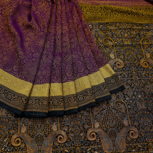 Indian Vintage Heavy Black & Purple Saree Pure Silk Hand Woven Sari Craft Fabric 5Yd Sewing Soft Ethnic Dress Making Wedding Sari Zari