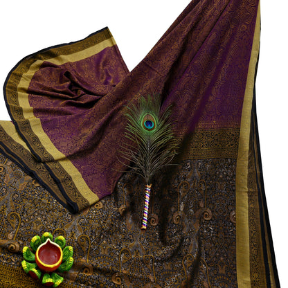 Indian Vintage Heavy Black & Purple Saree Pure Silk Hand Woven Sari Craft Fabric 5Yd Sewing Soft Ethnic Dress Making Wedding Sari Zari