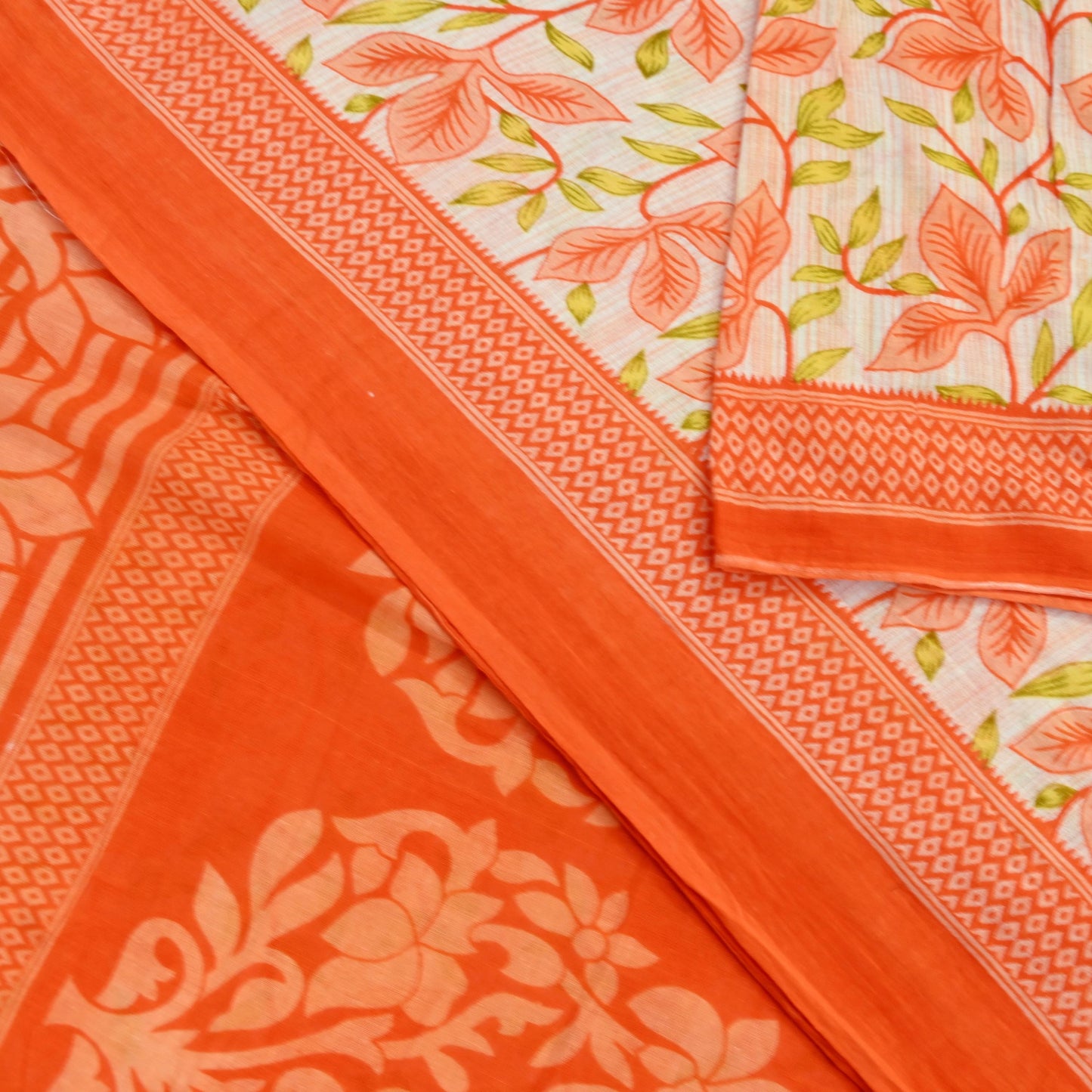 Indian Vintage Sari Orange & Ivory Printed Pure Cotton Saree Craft Fabric 5Yd Soft Sewing Sarong Wrap Boho Dress making Crafting Quilting