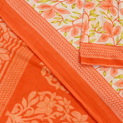 Indian Vintage Sari Orange & Ivory Printed Pure Cotton Saree Craft Fabric 5Yd Soft Sewing Sarong Wrap Boho Dress making Crafting Quilting