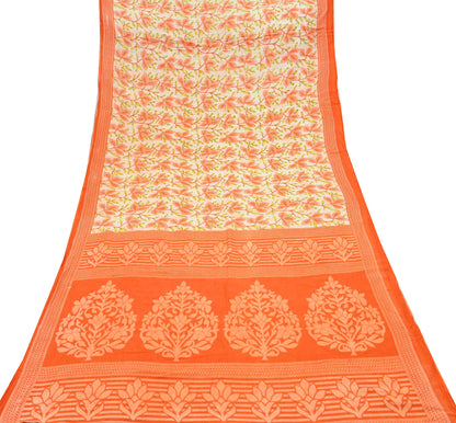 Indian Vintage Sari Orange & Ivory Printed Pure Cotton Saree Craft Fabric 5Yd Soft Sewing Sarong Wrap Boho Dress making Crafting Quilting