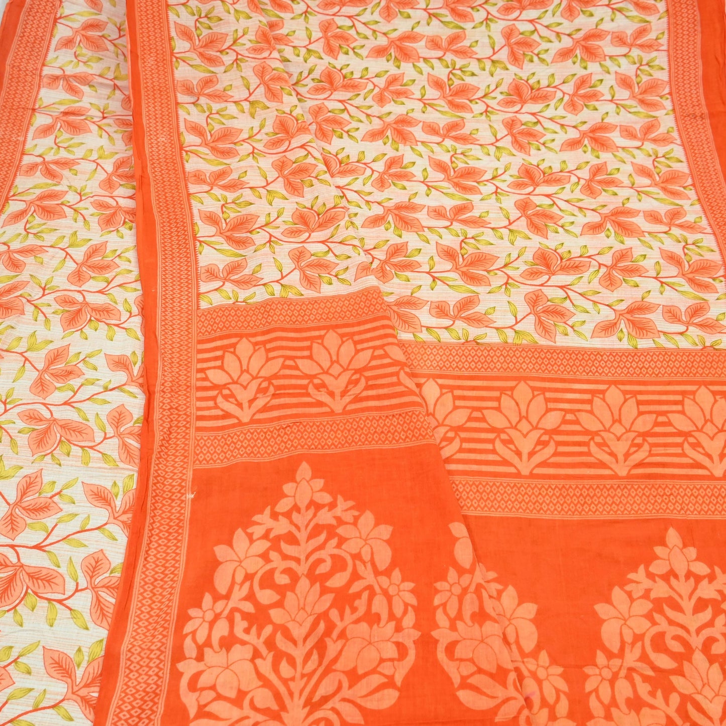 Indian Vintage Sari Orange & Ivory Printed Pure Cotton Saree Craft Fabric 5Yd Soft Sewing Sarong Wrap Boho Dress making Crafting Quilting