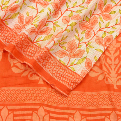 Indian Vintage Sari Orange & Ivory Printed Pure Cotton Saree Craft Fabric 5Yd Soft Sewing Sarong Wrap Boho Dress making Crafting Quilting