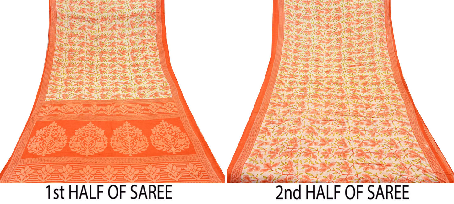 Indian Vintage Sari Orange & Ivory Printed Pure Cotton Saree Craft Fabric 5Yd Soft Sewing Sarong Wrap Boho Dress making Crafting Quilting