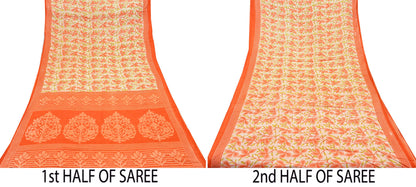 Indian Vintage Sari Orange & Ivory Printed Pure Cotton Saree Craft Fabric 5Yd Soft Sewing Sarong Wrap Boho Dress making Crafting Quilting