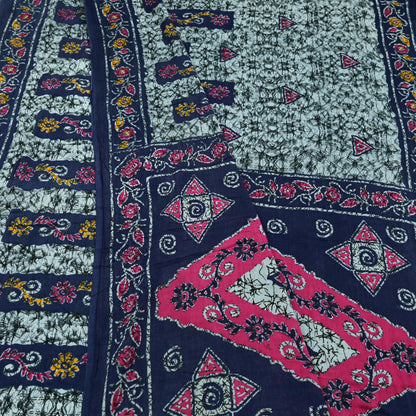 Indian Vintage Sari Gray & Blue Batik Printed Pure Cotton Saree Craft Fabric 5Yd Sewing Soft Sarong Wrap Boho Dress Making Quilting Crafting