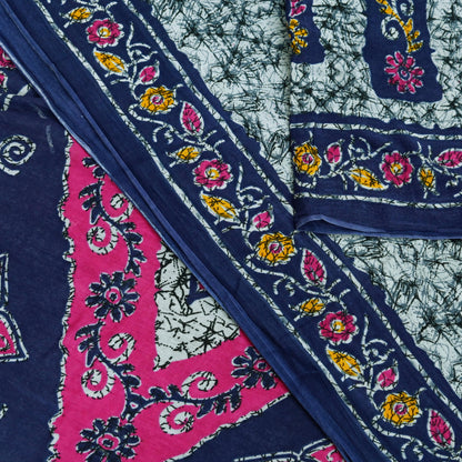 Indian Vintage Sari Gray & Blue Batik Printed Pure Cotton Saree Craft Fabric 5Yd Sewing Soft Sarong Wrap Boho Dress Making Quilting Crafting
