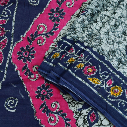 Indian Vintage Sari Gray & Blue Batik Printed Pure Cotton Saree Craft Fabric 5Yd Sewing Soft Sarong Wrap Boho Dress Making Quilting Crafting