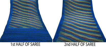 Indian Vintage Blue Saree Pure Crepe Silk Printed Sari 5yd Sewing Abstract Soft Craft Fabric Wrap Dress making Crafting Quilting Upcycle