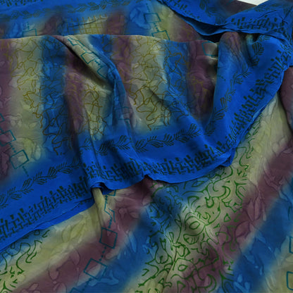 Indian Vintage Blue Saree Pure Crepe Silk Printed Sari 5yd Sewing Abstract Soft Craft Fabric Wrap Dress making Crafting Quilting Upcycle