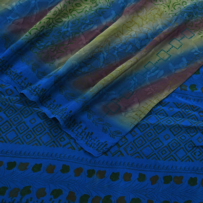 Indian Vintage Blue Saree Pure Crepe Silk Printed Sari 5yd Sewing Abstract Soft Craft Fabric Wrap Dress making Crafting Quilting Upcycle