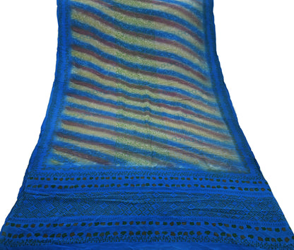 Indian Vintage Blue Saree Pure Crepe Silk Printed Sari 5yd Sewing Abstract Soft Craft Fabric Wrap Dress making Crafting Quilting Upcycle