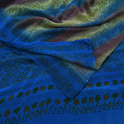 Indian Vintage Blue Saree Pure Crepe Silk Printed Sari 5yd Sewing Abstract Soft Craft Fabric Wrap Dress making Crafting Quilting Upcycle