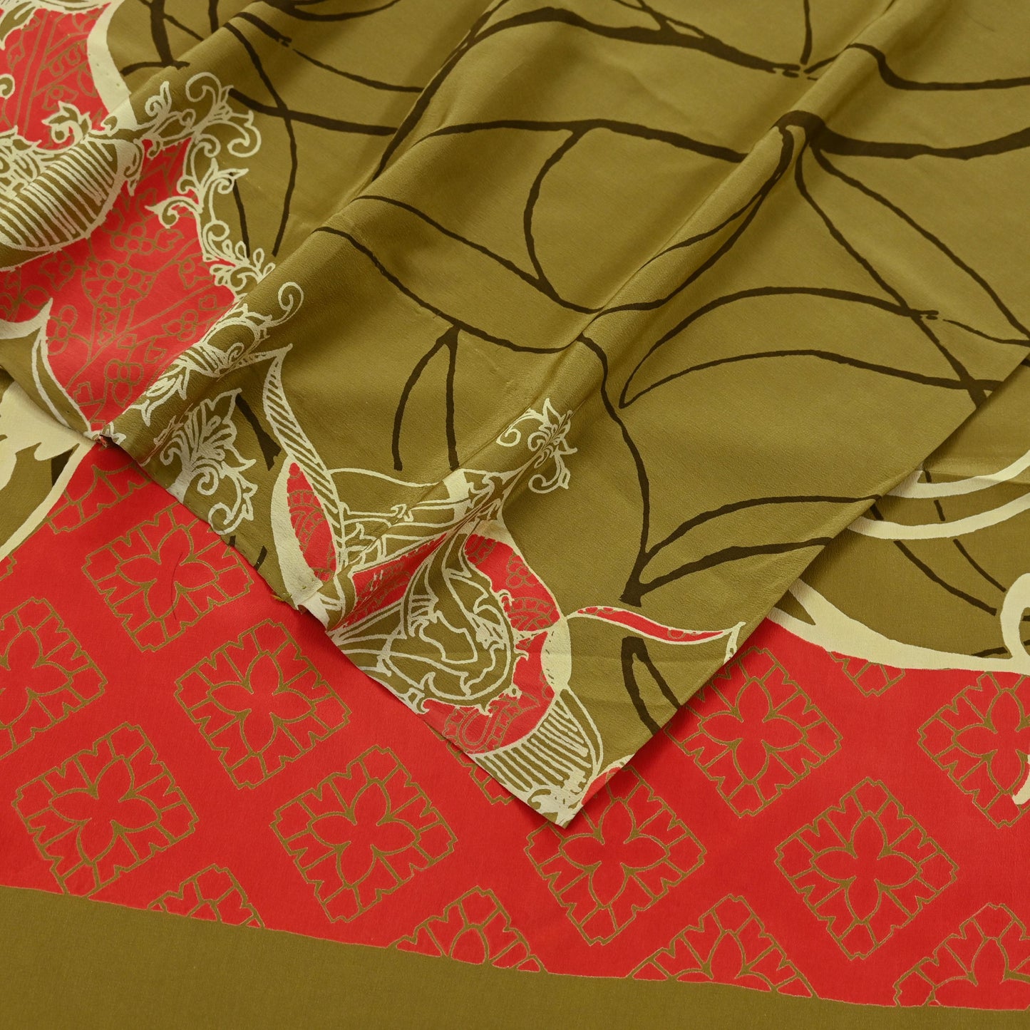 Indian Vintage Orange & Green Saree Pure Crepe Silk Printed Sari Craft Fabric 5yd Sewing Floral Soft Wrap Dress making Crafting Quilting