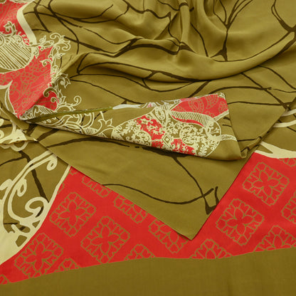 Indian Vintage Orange & Green Saree Pure Crepe Silk Printed Sari Craft Fabric 5yd Sewing Floral Soft Wrap Dress making Crafting Quilting