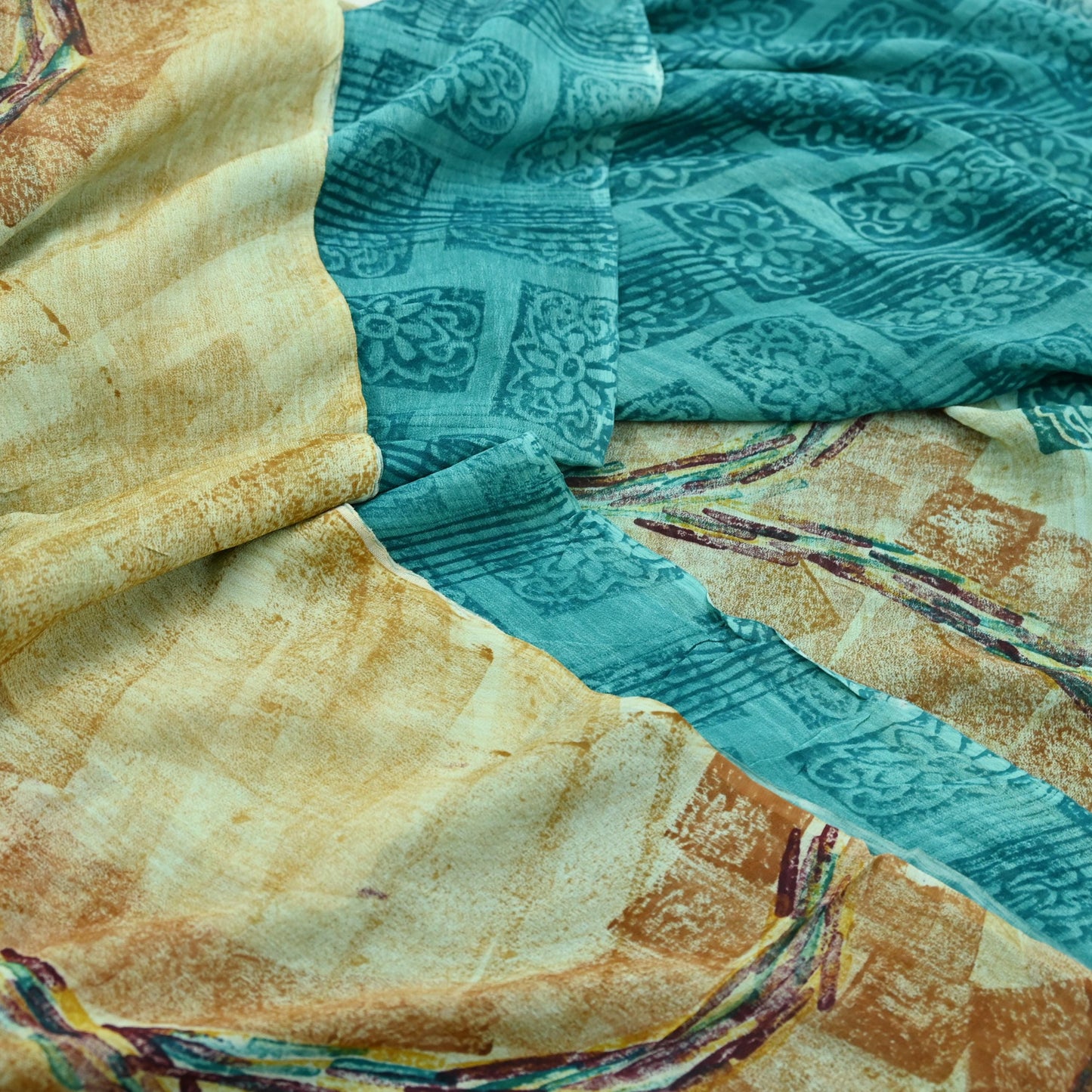 Indian Vintage Sari Beige & Blue Pure Georgette Silk Sarees Craft Fabric Sewing 5Yd Soft Light Dress Making Upcycle Quilting Crafting