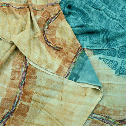 Indian Vintage Sari Beige & Blue Pure Georgette Silk Sarees Craft Fabric Sewing 5Yd Soft Light Dress Making Upcycle Quilting Crafting
