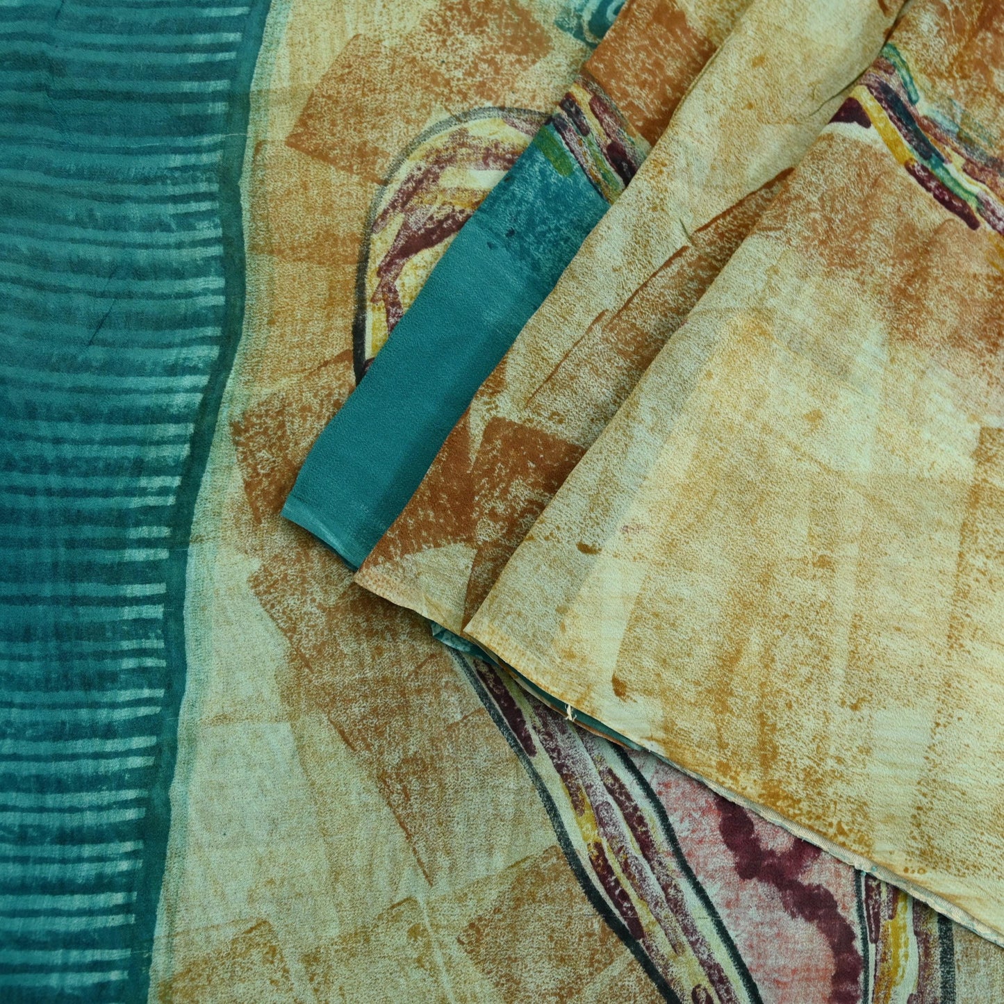 Indian Vintage Sari Beige & Blue Pure Georgette Silk Sarees Craft Fabric Sewing 5Yd Soft Light Dress Making Upcycle Quilting Crafting
