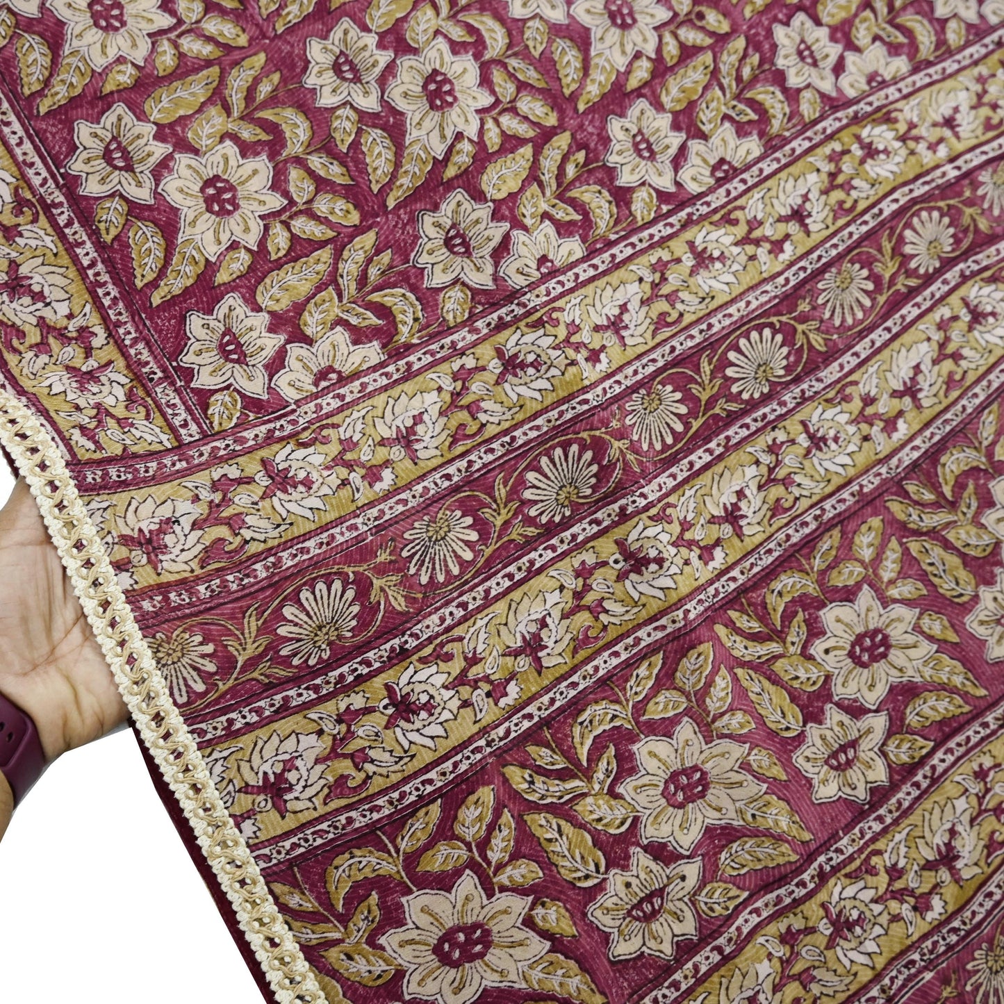 Indian Vintage Sari Beige & Maroon Pure Georgette Silk Block Printed Sarees Craft Fabric Sewing 5Yd Dress Making Crafting Quilting Upcycle
