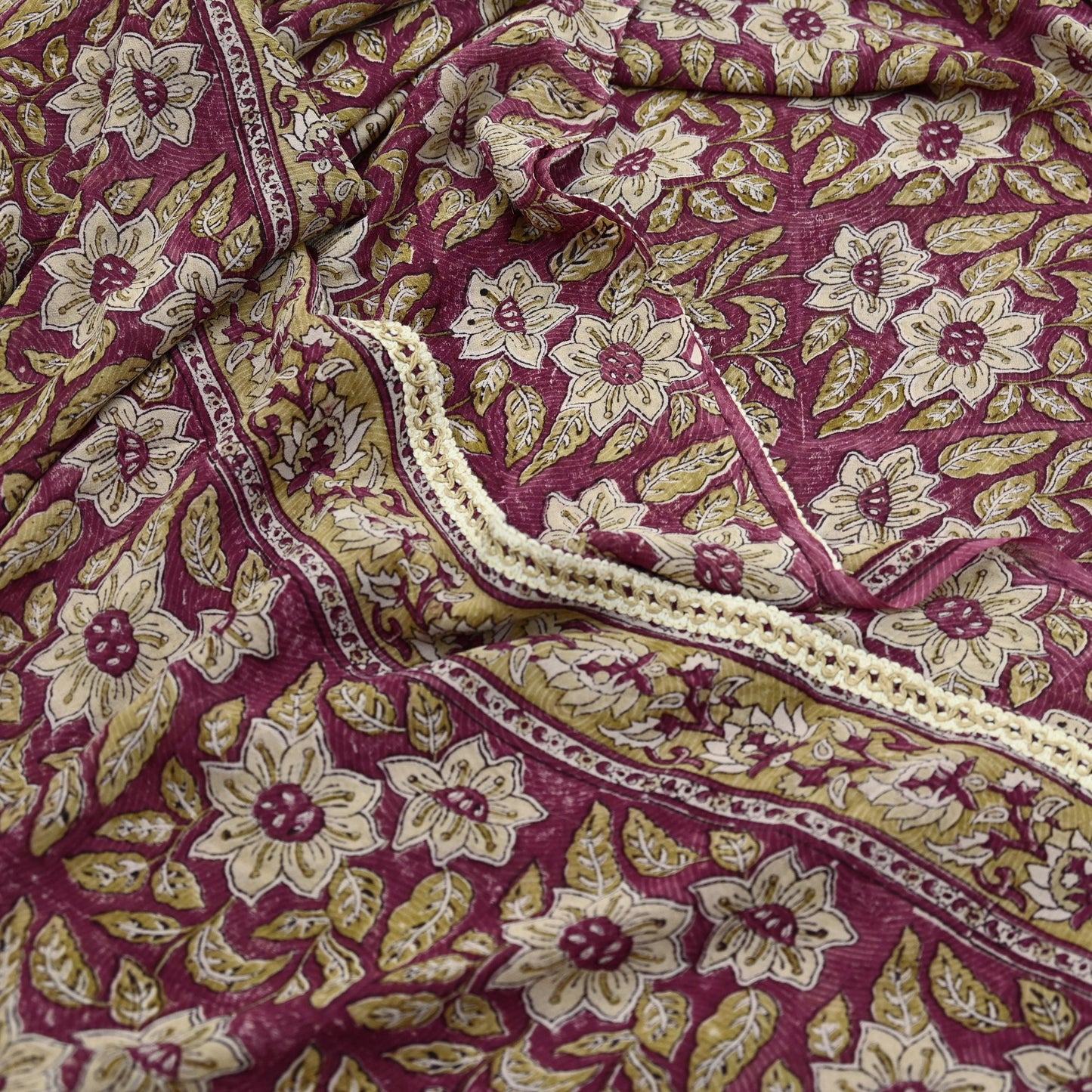 Indian Vintage Sari Beige & Maroon Pure Georgette Silk Block Printed Sarees Craft Fabric Sewing 5Yd Dress Making Crafting Quilting Upcycle