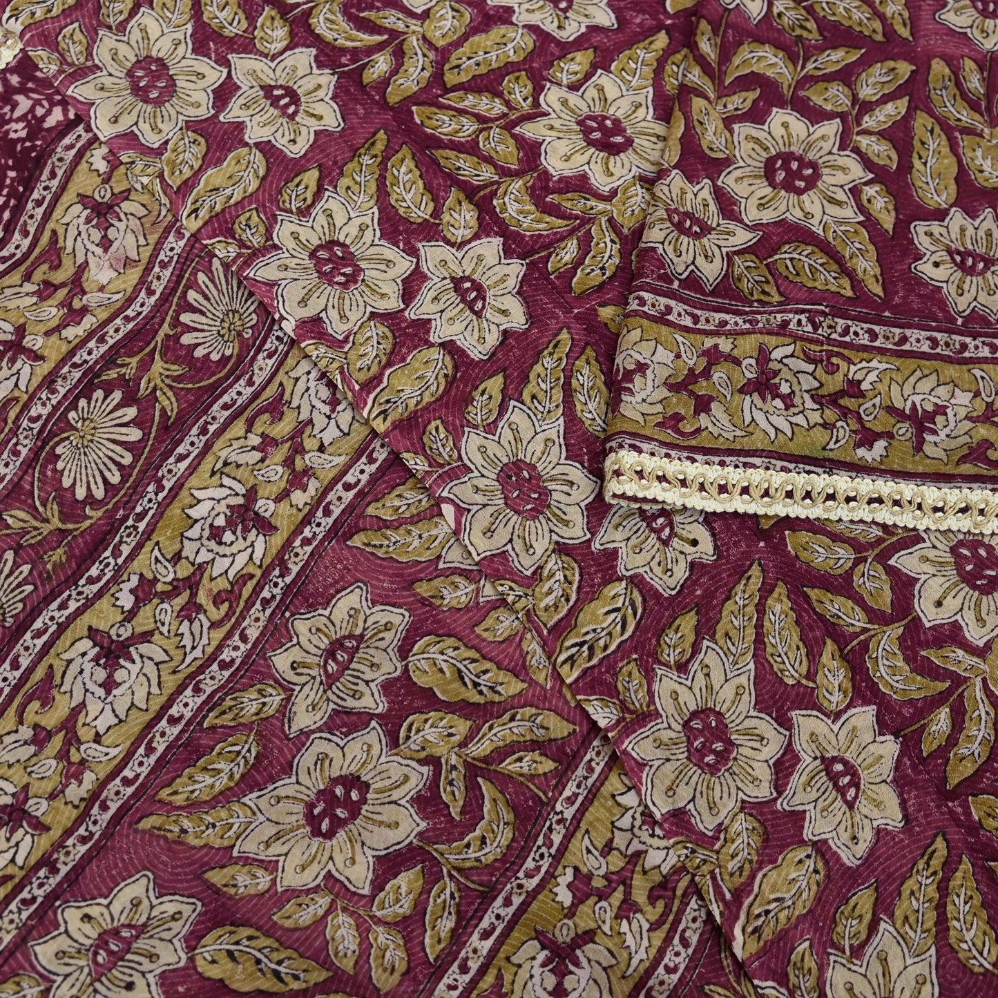 Indian Vintage Sari Beige & Maroon Pure Georgette Silk Block Printed Sarees Craft Fabric Sewing 5Yd Dress Making Crafting Quilting Upcycle