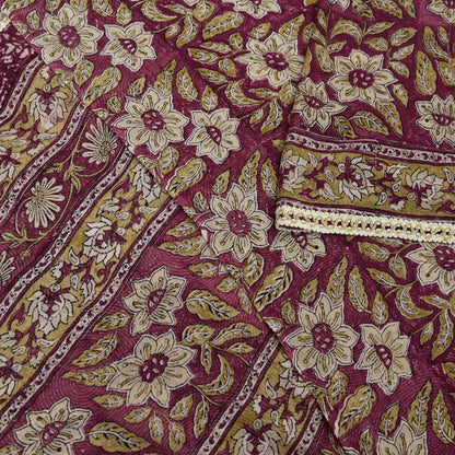 Indian Vintage Sari Beige & Maroon Pure Georgette Silk Block Printed Sarees Craft Fabric Sewing 5Yd Dress Making Crafting Quilting Upcycle