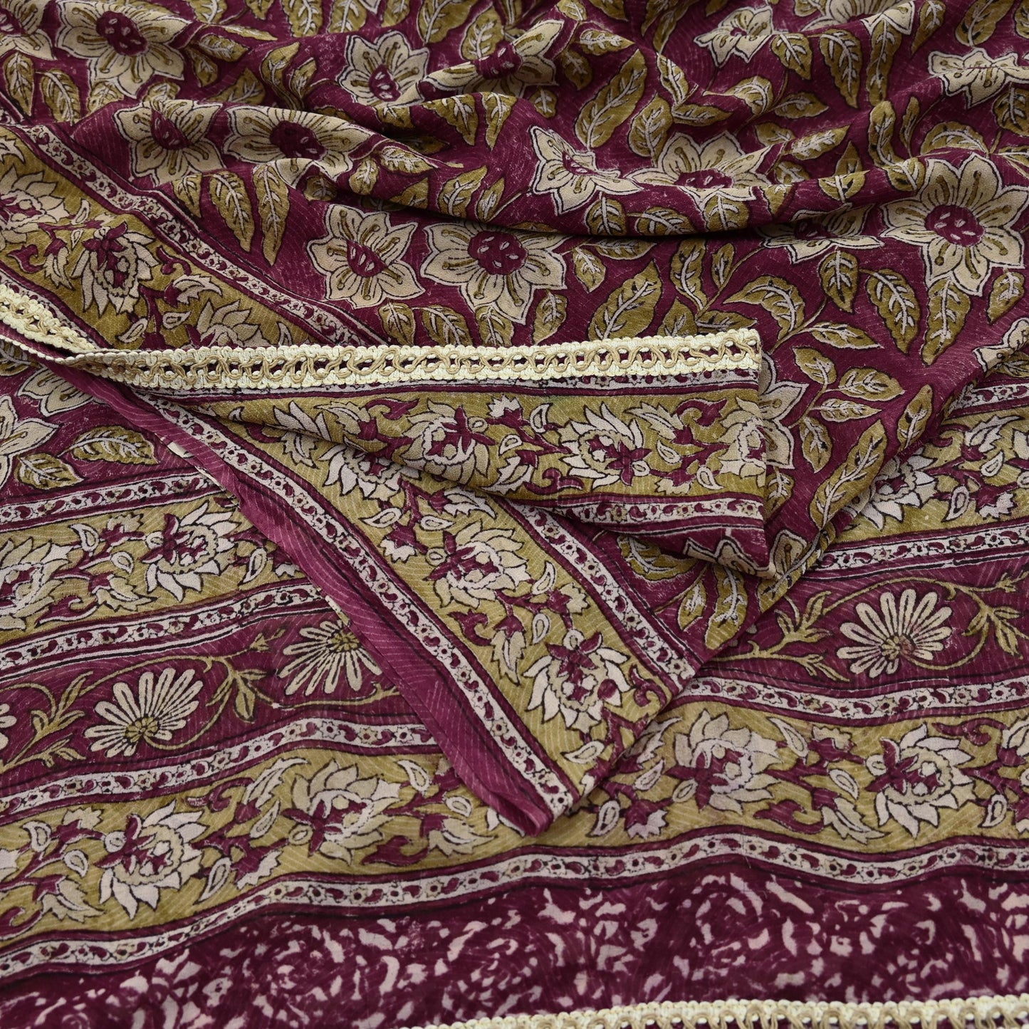 Indian Vintage Sari Beige & Maroon Pure Georgette Silk Block Printed Sarees Craft Fabric Sewing 5Yd Dress Making Crafting Quilting Upcycle