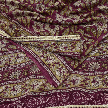 Indian Vintage Sari Beige & Maroon Pure Georgette Silk Block Printed Sarees Craft Fabric Sewing 5Yd Dress Making Crafting Quilting Upcycle