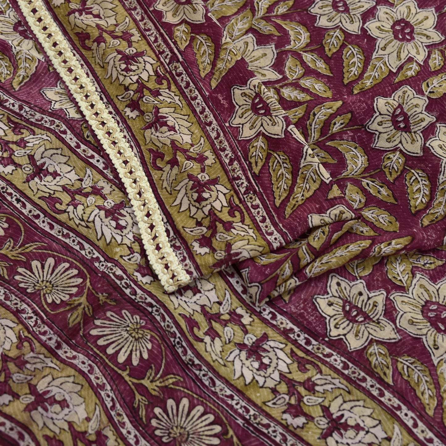Indian Vintage Sari Beige & Maroon Pure Georgette Silk Block Printed Sarees Craft Fabric Sewing 5Yd Dress Making Crafting Quilting Upcycle