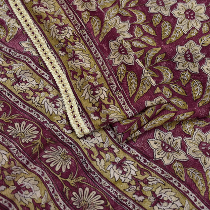 Indian Vintage Sari Beige & Maroon Pure Georgette Silk Block Printed Sarees Craft Fabric Sewing 5Yd Dress Making Crafting Quilting Upcycle
