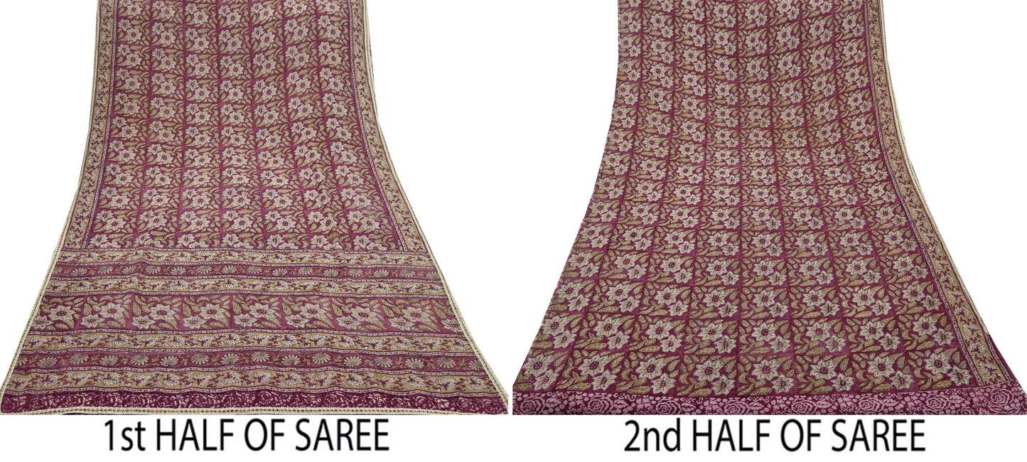 Indian Vintage Sari Beige & Maroon Pure Georgette Silk Block Printed Sarees Craft Fabric Sewing 5Yd Dress Making Crafting Quilting Upcycle