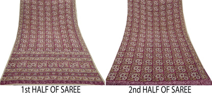 Indian Vintage Sari Beige & Maroon Pure Georgette Silk Block Printed Sarees Craft Fabric Sewing 5Yd Dress Making Crafting Quilting Upcycle