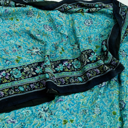 Indian Vintage Black & Blue Sarees Pure Silk Printed Indian Sari 6yd Sewing Craft Fabric DressMaking Floral Soft Crafting Quilting