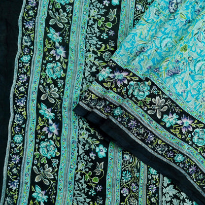 Indian Vintage Black & Blue Sarees Pure Silk Printed Indian Sari 6yd Sewing Craft Fabric DressMaking Floral Soft Crafting Quilting