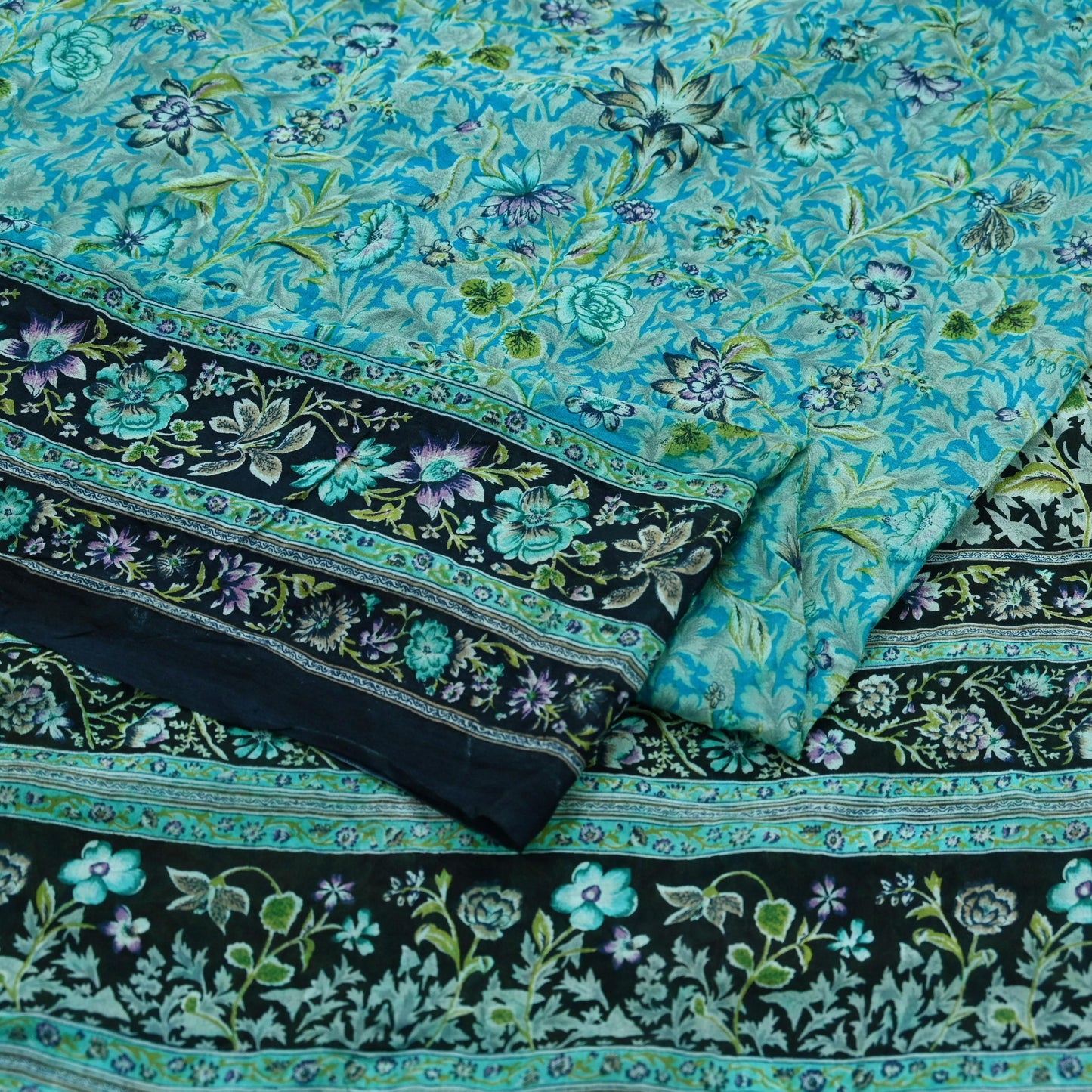 Indian Vintage Black & Blue Sarees Pure Silk Printed Indian Sari 6yd Sewing Craft Fabric DressMaking Floral Soft Crafting Quilting